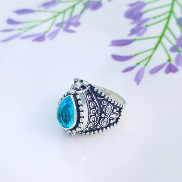 Blue Topaz Sterling Silver Poison Box Ring Sz 7.25 - Picture 3 of 3